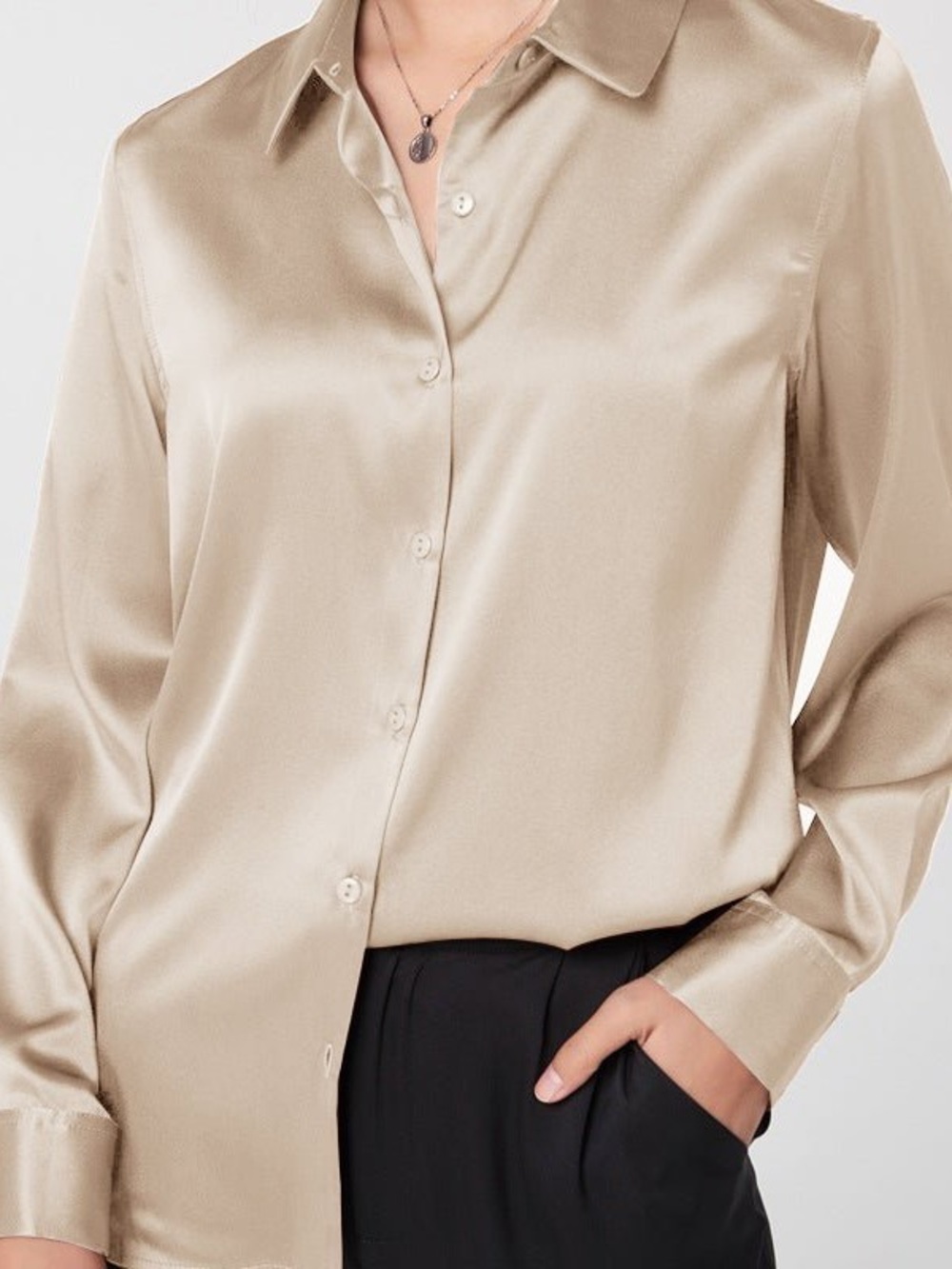Champagne Satin Button-Down Blouse - Mid-Weight
